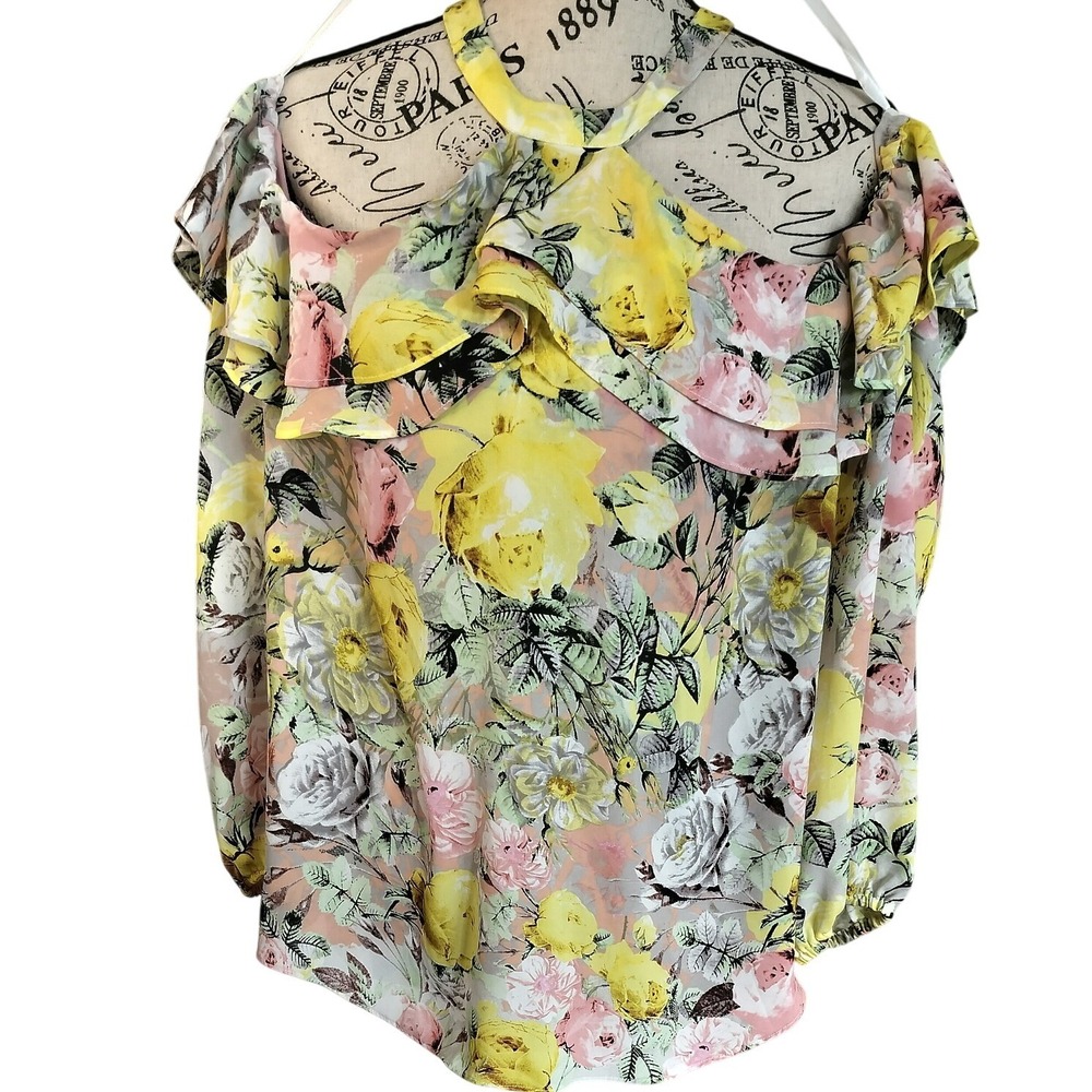 INC International Concepts Womens Yellow Floral Ruffle Cold Shoulder Blouse M